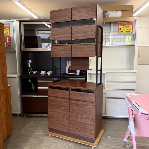 【超美品‼️】ニトリ 85cm幅ダイニングボード カップボード 食器棚 キッチン収納家具 木目調ダークブラウン♪