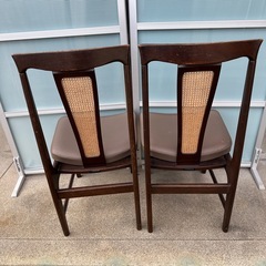maruni マルニ木工 ダイニングチェア 食卓椅子 木製 革張り ラタン 昭和 レトロ 国産家具 2脚　管理No.is2の画像