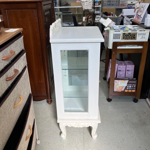 ☆値下げ☆坂2602-657 アンティーク調　ガラス キャビネット ショーケース コレクションケース ロココ調 ホワイト家具 キズ汚れ