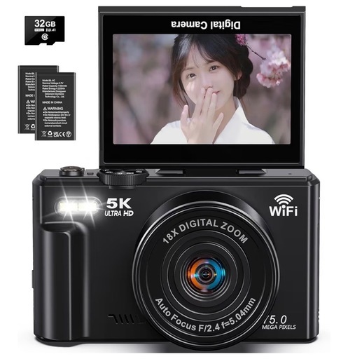 デジタルカメラ 5K動画 7500万画素 デジカメ スマホに送れる WIFI転送機能 18Xデジタルズーム 32GB Micro SD