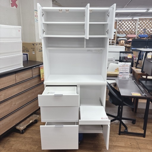 I625 ? ジモティー限定価格！ NITORI キッチンボード 食器棚 エトナ90KB WH ⭐ クリーニング済