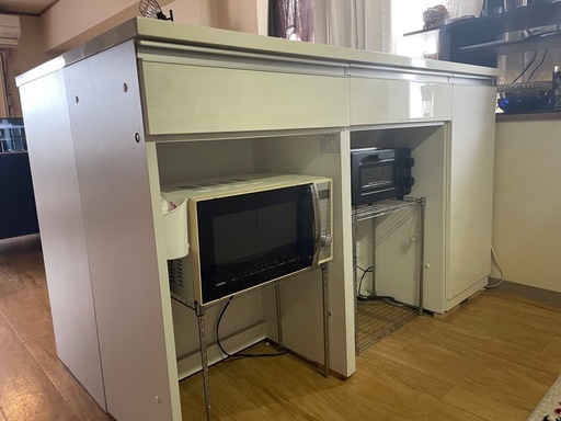 【引き取り限定】ホワイト鏡面キッチンカウンター／アイランド風／ソフトクローズ／家電収納可 引き取り限定】ホワイト鏡面キッチンカウンター／アイランド風／ソフト