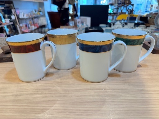 A8066【ノリタケ】マジェスティック マグカップ ブルー バーガンディ グリーン イエロー セット