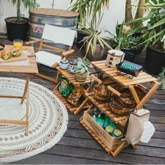 【新品】木製ラック 折りたたみ式 2段 シェルフ　ウッドラック　キャンプ リビング収納 サイドテーブル ガーデニング インテリア 棚 ブラウンの画像