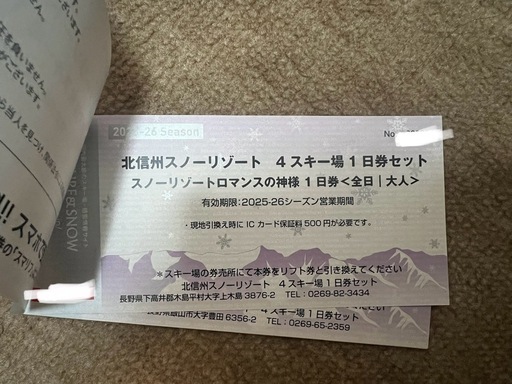 北信州スノーリゾート 4スキー場 1日券セット 4セット分