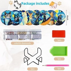 ダイヤモンドアートペインティング コースターキット 猫と星空 ホルダー付き DIY 8個セットの画像