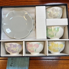 新品未使用】パステルカラー花柄湯飲み、茶托皿　5客セット
の画像