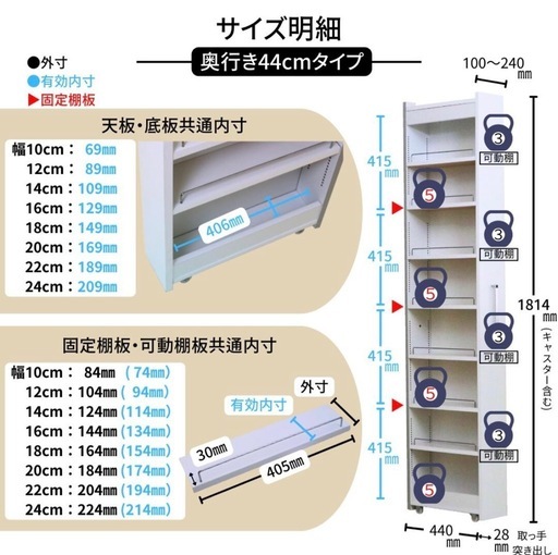【国産】隙間収納 キッチン収納 冷蔵庫横ラック キャスター付き 幅24cm 奥行44cm 高さ181cm