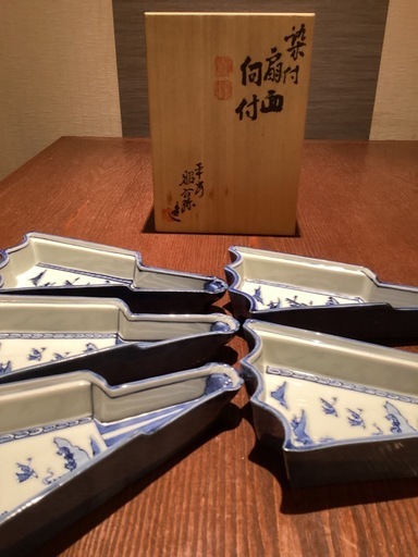 極美品】京焼 清水焼 染付扇面向付揃 半開扇 共箱