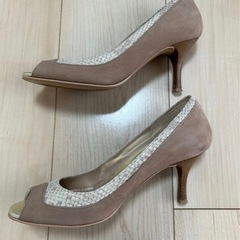 銀座かねまつ パンプス 23cm D ベージュ パイソン柄 切替 ハイヒールの画像