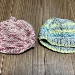 2/20まで　ベビー帽子2点セット ニット ピンク・ストライプの画像