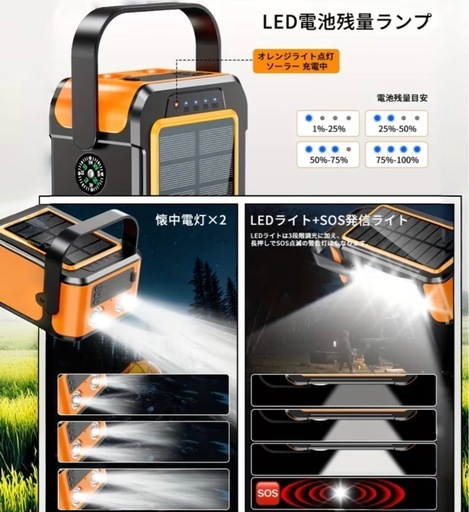 PSE認証済み80000mAh大容量&手回し充電22.5W/PD18W急速充電 ソーラーモバイルバッテリー（オレンジ）