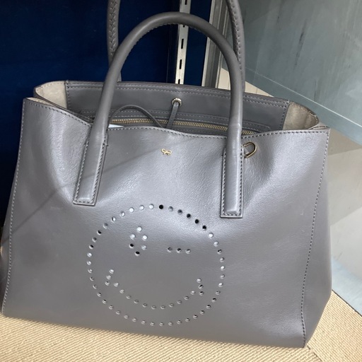 上2602-1084 ANYA HINDMARCH スマイリー トートバッグ ダークグレー キズ汚れ有り