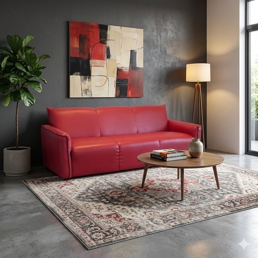 美品】赤色 レザー調 3人掛けソファ (リキャオ) 蛸地蔵のソファ《3人