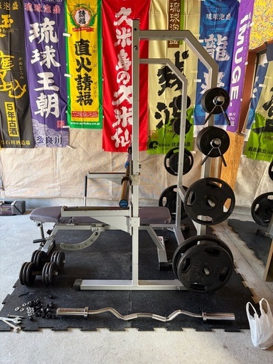 【引取限定】ホームジム一式 ATLASハーフパワーラック＋BULLシャフト20kg＋BULLプレート計140kg＋ディップス/セーフティ＋マット＋鏡＋EZバー＋可変式ダンベル