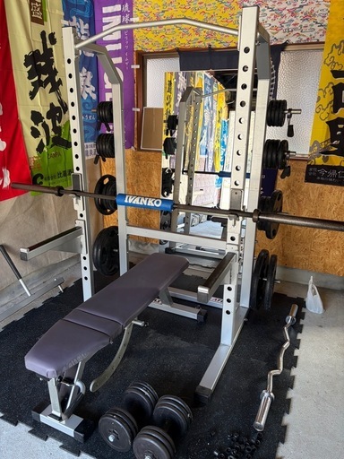 【引取限定】ホームジム一式 ATLASハーフパワーラック＋BULLシャフト20kg＋BULLプレート計140kg＋ディップス/セーフティ＋マット＋鏡＋EZバー＋可変式ダンベル