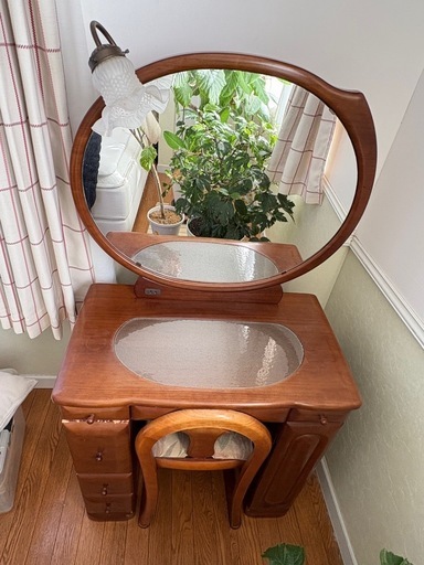天然木（サクラ系）】レトロ一面鏡ドレッサー 椅子・ランプ付き】 (ぽ