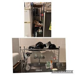 家電7点まとめ売り（冷蔵庫/洗濯機/炊飯器/電気ケトル/電子レンジ/キッチンラック2点）15,000円｜那覇市泊 手渡しの画像