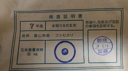 富山県産 コシヒカリ 30キロ　令和7年産・玄・検査済
