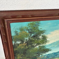 風景画　山と湖畔　油絵　高さ約750 mm×幅約1350 mmの画像