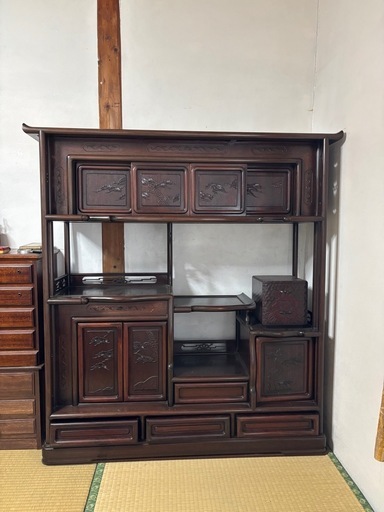 【花梨材 唐木茶箪笥】幅121cm 高級和家具／彫刻入り