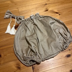 ベビー袴 70~95cm 袴ロンパース グリーン×ベージュ 男の子 お食い初めの画像