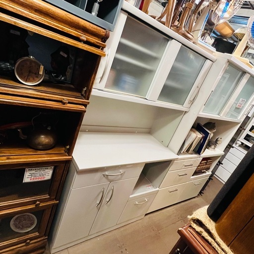 ホワイト キッチンボード レンジボード 食器棚 収納棚 スライド扉 家電収納　キッチン収納  White Kitchen Board Cupboard Sliding Door Cabinet