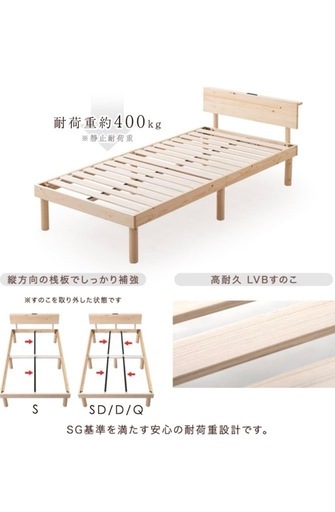 【3/1夕方処分】ベッドフレーム セミダブル 天然木 北欧パイン材使用 宮棚 2口コンセント すのこベッド ベッドフレーム 単品 セミ