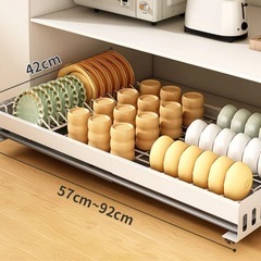 【新品未使用】伸縮式 食器収納ラック（幅57～92cm）キッチン引き出し収納の画像