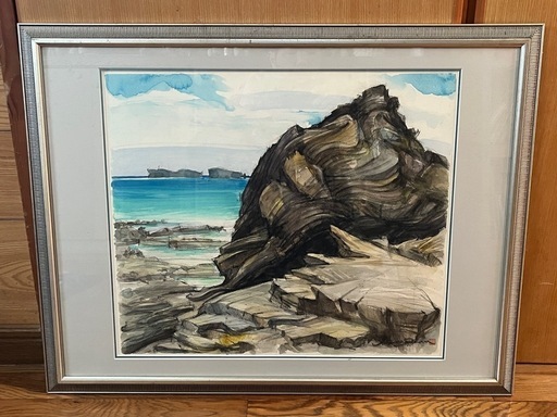 【真作】屋良朝春 F10号 水彩「沖縄海岸風景」内閣総理大臣賞画家 額装