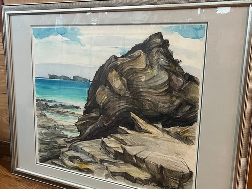 【真作】屋良朝春 F10号 水彩「沖縄海岸風景」内閣総理大臣賞画家 額装