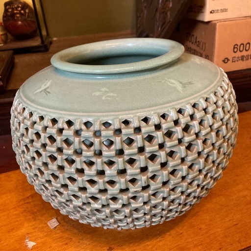 高麗青磁 花瓶 鶴 壷 花器 花入れ 網目透かし 雲鶴図 大花瓶 (紺