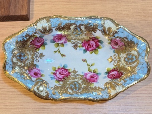 B8031【オールドノリタケ】金盛 金彩 オーバルトレイ 小物入れ メープルリーフ印