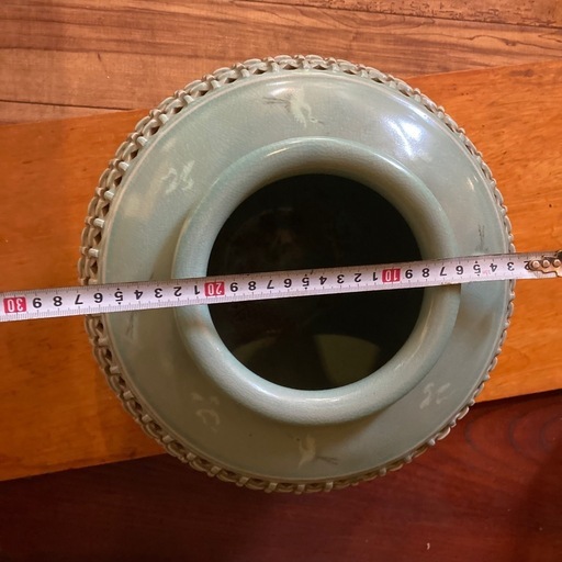 高麗青磁 花瓶 鶴 壷 花器 花入れ 網目透かし 雲鶴図 大花瓶 (紺