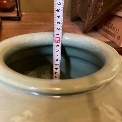 高麗青磁 花瓶 鶴 壷 花器 花入れ 網目透かし 雲鶴図 大花瓶 (紺