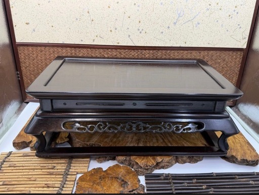 中国美術 時代物 唐木 透彫 二重天版 長方 花台 良品 飾台 盆栽台 香炉