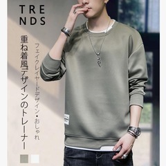 メンズ トレーナー 長袖 アーミーグリーン 2XL 春秋 フェイクレイヤード アーミーグリーン メンズの画像