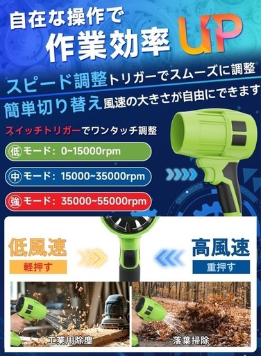 ブロワー 強力 洗車 PSE認定 残量表示 バッテリー2個 55000RPM 高速回転 無段階変速 軽量 コードレス 80m/s
