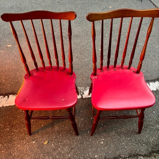 2脚セット 赤レザークッション ウィンザーチェア アンティーク (こん