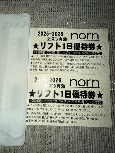 2025〜2026 ノルン水上スキー場リフト1日優待券2枚セット (たると