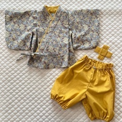 ハンドメイド☆ベビー袴☆ボタニカルベリーフラワー☆ミント地×マスタードの画像