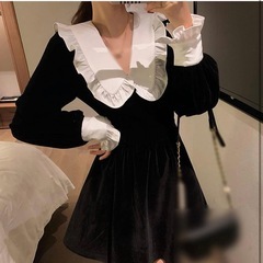 【新品】レディース XL フリル ワンピース 長袖 ブラック 韓国 スタイル 大きな襟 リボン sona nugu amoodの画像