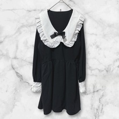 【新品】レディース XL フリル ワンピース 長袖 ブラック 韓国 スタイル 大きな襟 リボン sona nugu amoodの画像