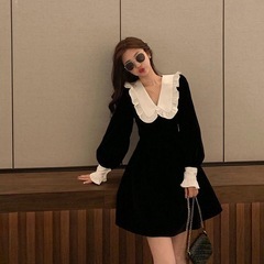 【新品】レディース XL フリル ワンピース 長袖 ブラック 韓国 スタイル 大きな襟 リボン sona nugu amoodの画像