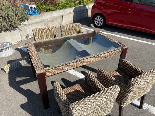☆①中古品 アジアン風 ダイニングテーブル 椅子 セット 屋外用 ガラステーブル ウッドデッキ☆
