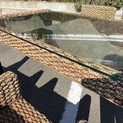 ☆③中古品 アジアン風 ダイニングテーブル 椅子 セット 屋外用 ガラステーブル ウッドデッキ☆の画像