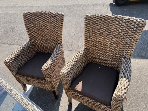 ☆④中古品 アジアン風 ダイニングテーブル 椅子 セット 屋外用 ガラステーブル ウッドデッキ☆