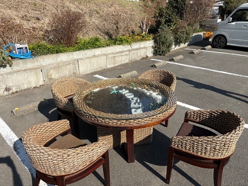 ☆②中古品 アジアン風 ダイニングテーブル 椅子 セット 丸テーブル 屋外用 ガラステーブル ウッドデッキ☆