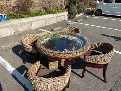 ☆③中古品 アジアン風 ダイニングテーブル 椅子 セット 丸テーブル 屋外用 ガラステーブル ウッドデッキ☆