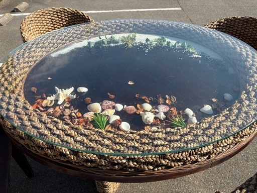 ☆②中古品 アジアン風 テーブル 椅子 セット 屋外用 ガラステーブル ウッドデッキ☆ ☆④中古品 アジアン風 ダイニングテーブル 椅子 セット 丸テーブル
